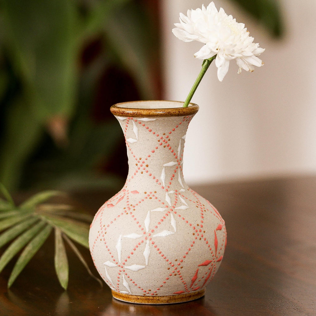 Paprika Red and White Trellis Motif Ceramic Fluted Vase - Windmill Trellis Bloom