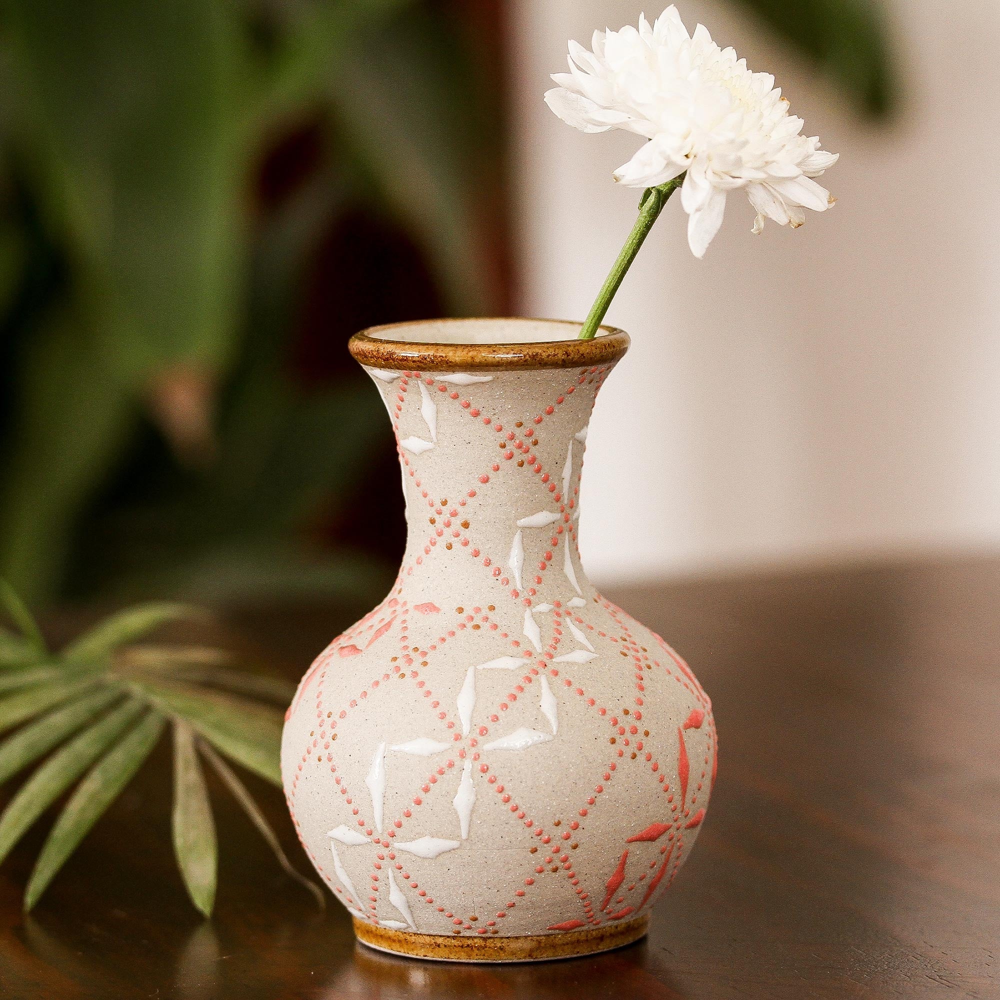 Paprika Red and White Trellis Motif Ceramic Fluted Vase - Windmill Trellis Bloom