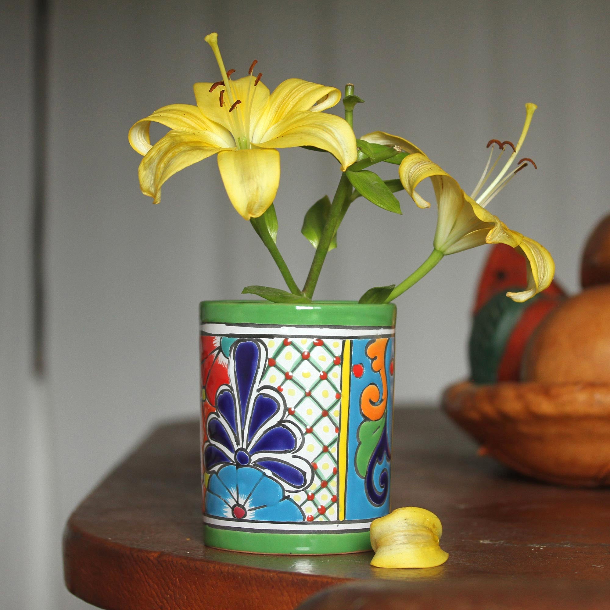 Cylindrical Talavera-Style Ceramic Vase from Mexico - Colorful Bouquet
