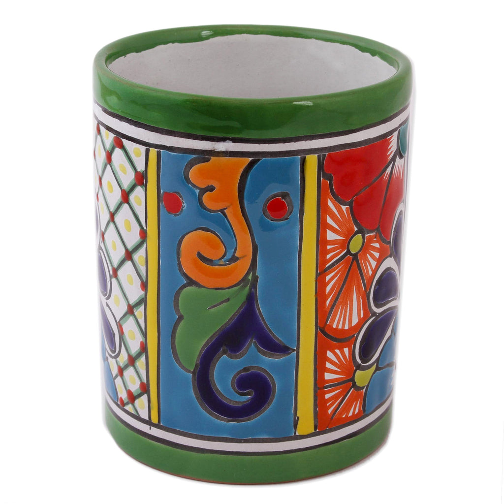 Cylindrical Talavera-Style Ceramic Vase from Mexico - Colorful Bouquet