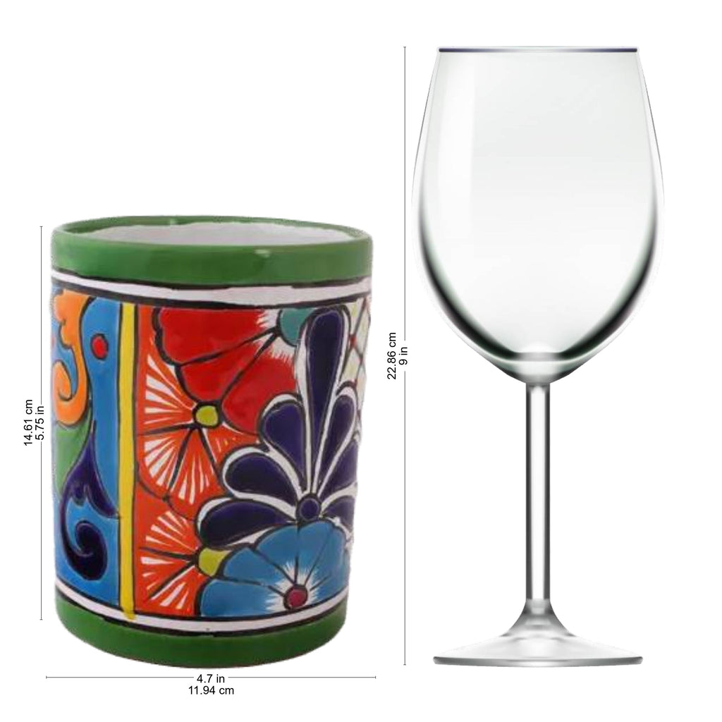 Cylindrical Talavera-Style Ceramic Vase from Mexico - Colorful Bouquet