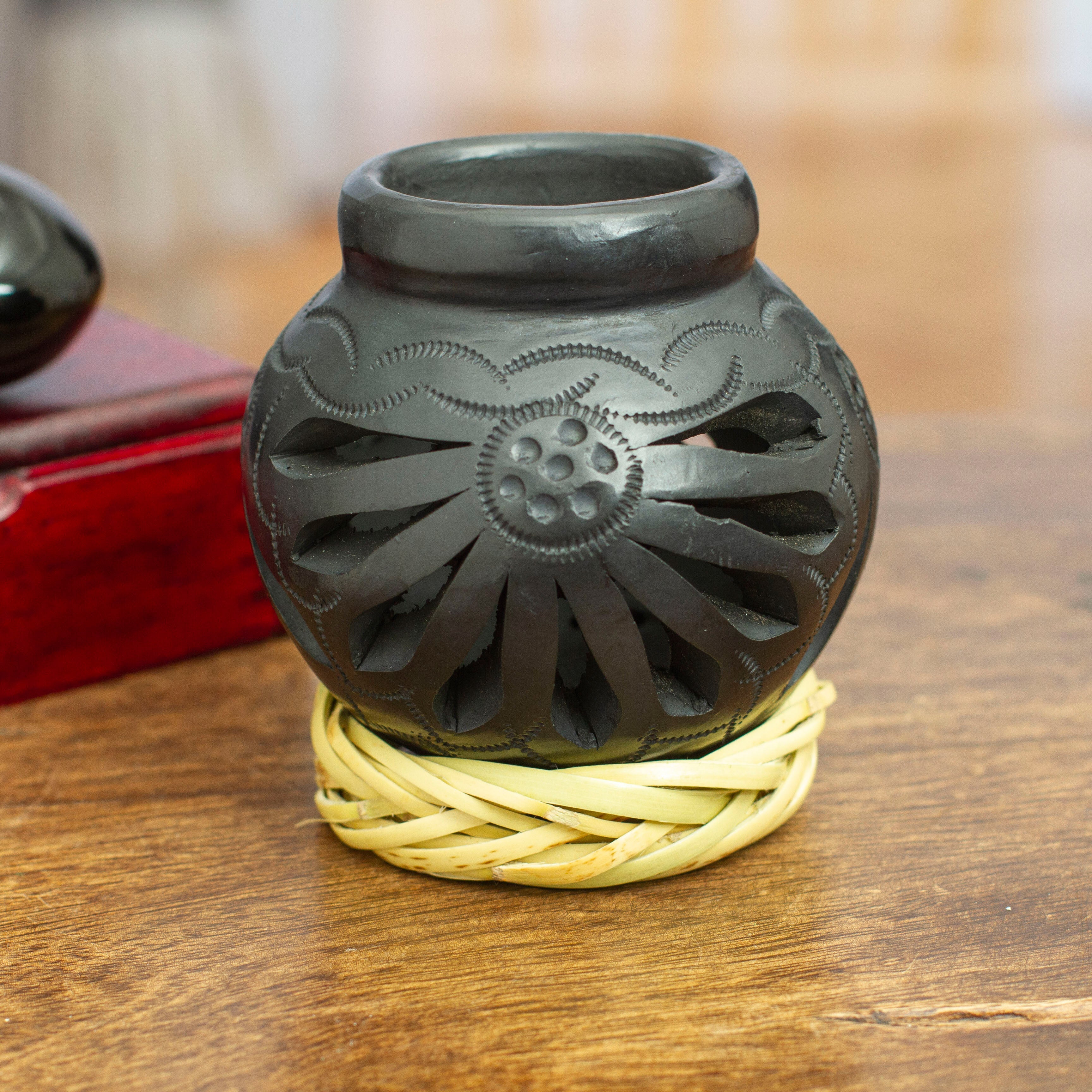 Mexican Barro Negro Decorative Vase with Reed Base - Oaxaca Pottery Bloom