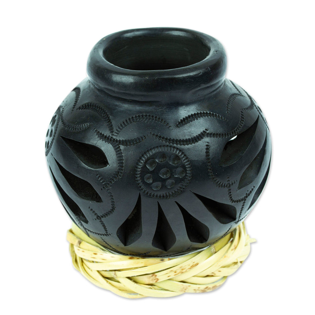 Mexican Barro Negro Decorative Vase with Reed Base - Oaxaca Pottery Bloom