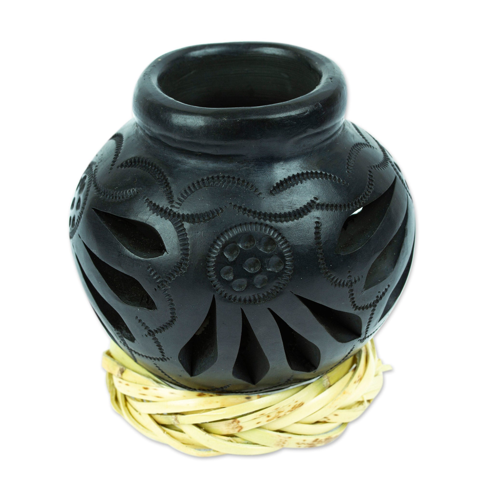 Mexican Barro Negro Decorative Vase with Reed Base - Oaxaca Pottery Bloom
