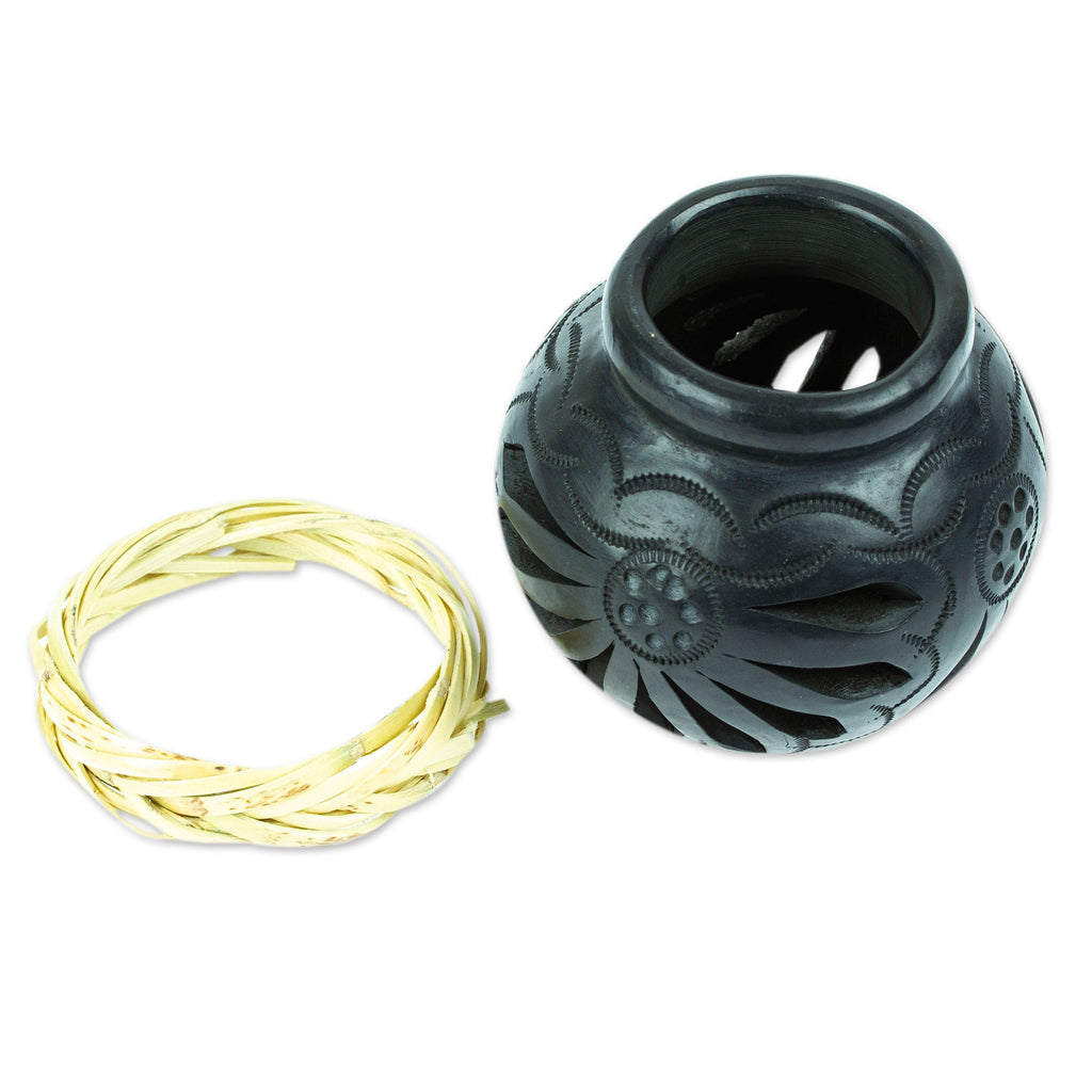 Mexican Barro Negro Decorative Vase with Reed Base - Oaxaca Pottery Bloom
