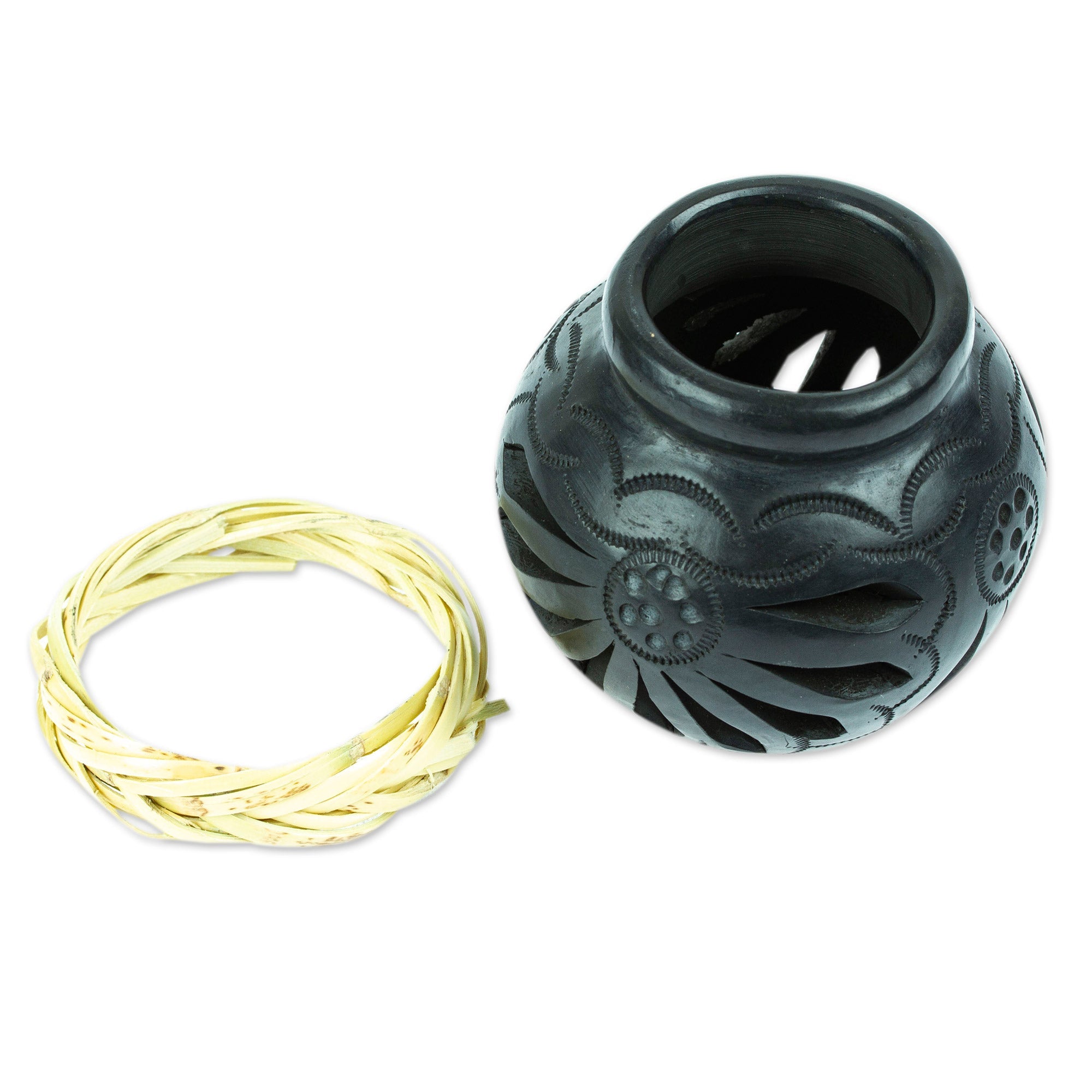 Mexican Barro Negro Decorative Vase with Reed Base - Oaxaca Pottery Bloom