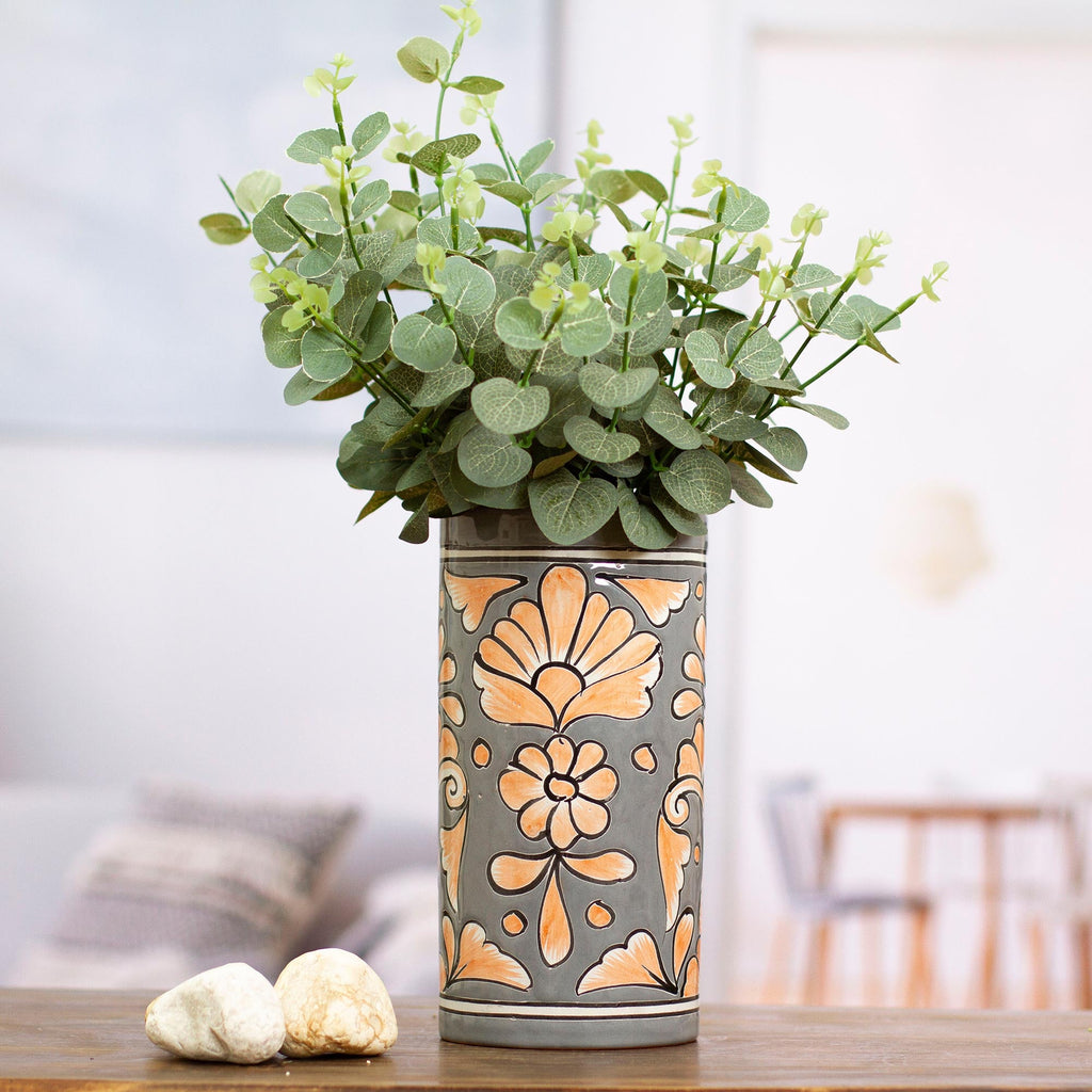 Handcrafted Floral Ceramic Vase in Grey and Orange - Grey Salon