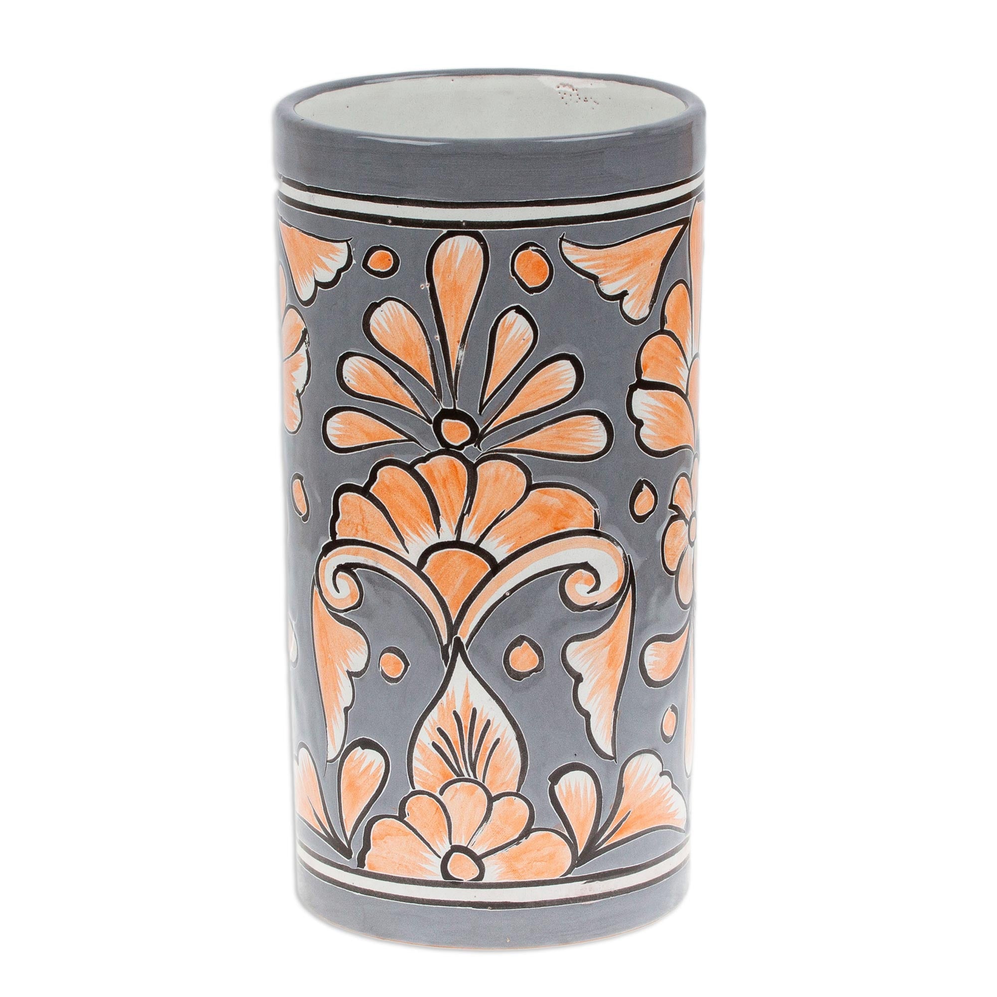 Handcrafted Floral Ceramic Vase in Grey and Orange - Grey Salon
