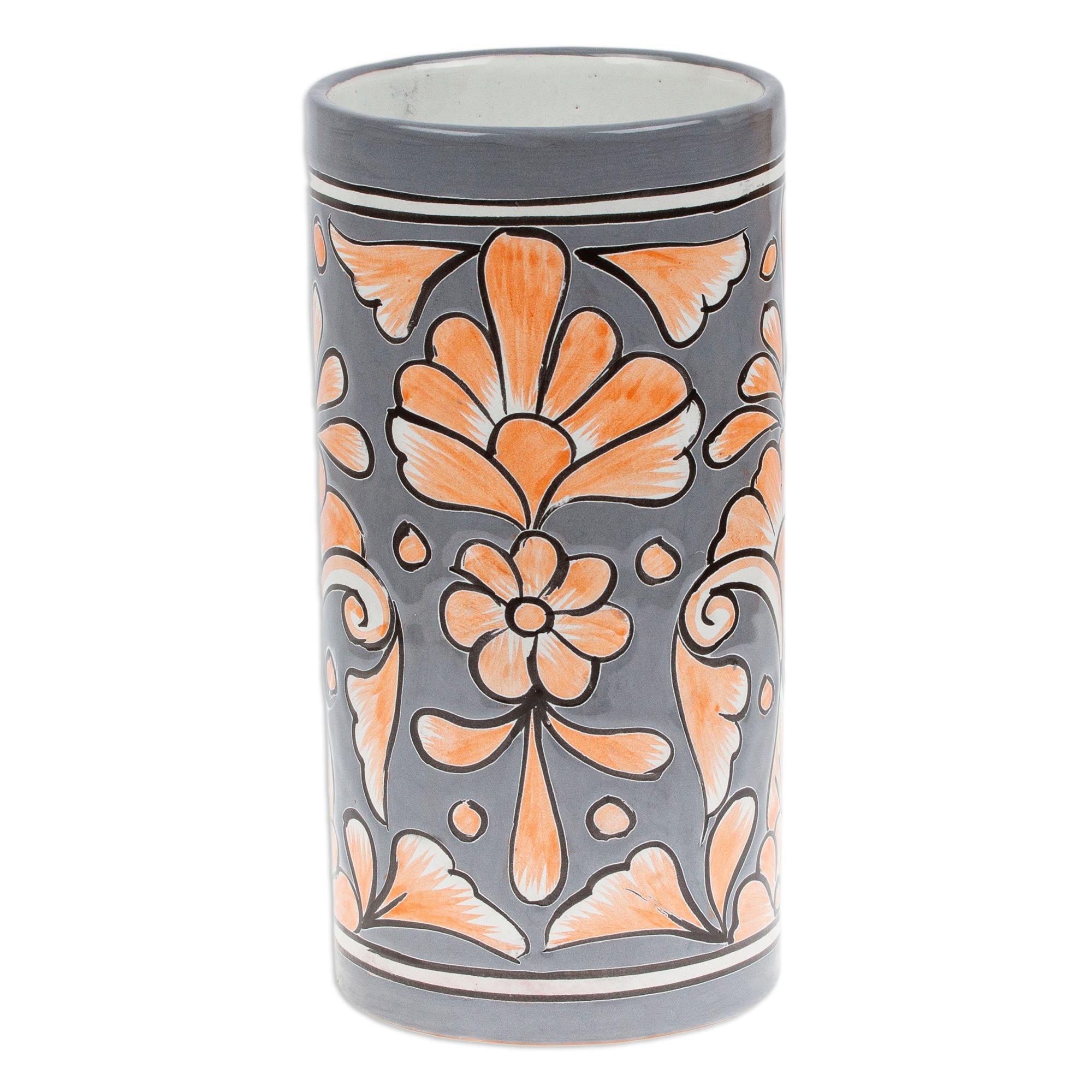 Handcrafted Floral Ceramic Vase in Grey and Orange - Grey Salon